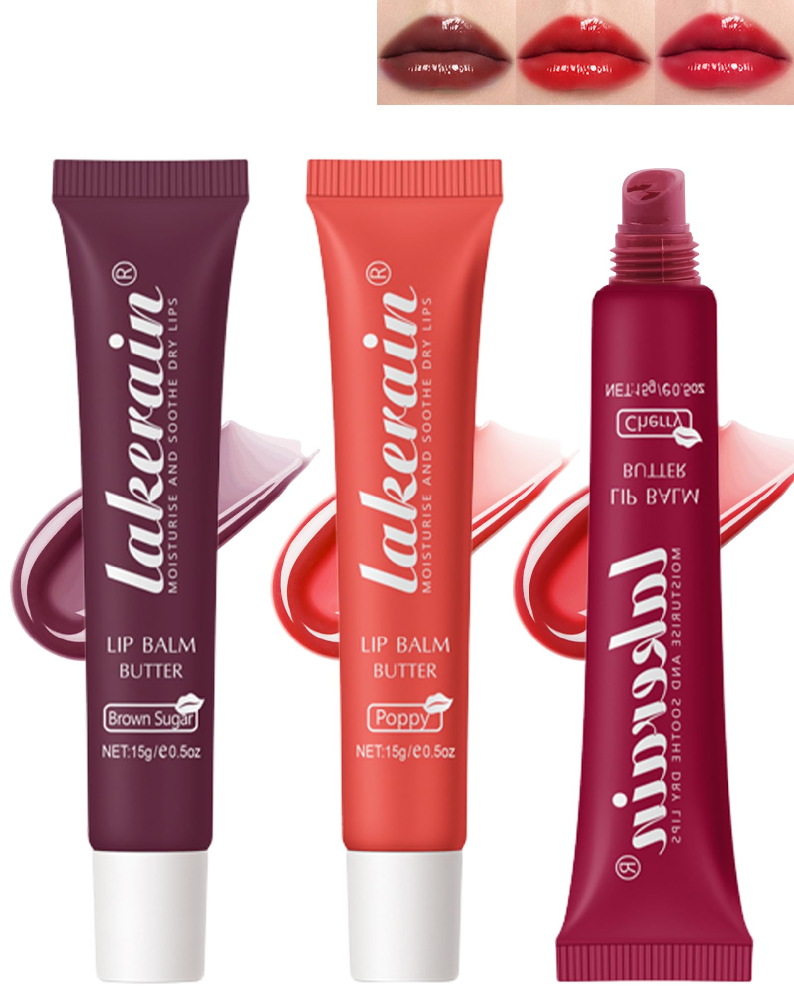 Hydrating Tinted Lip Butter Balm-3 Colors Dark Red Plum Shine Glossier Lip Gloss, Jelly Lip Balm for Dry Lips, Long Lasting Moisturizing Non-Sticky Glow Reviver Fat Lip Care Oil, Gift for Women-SetB