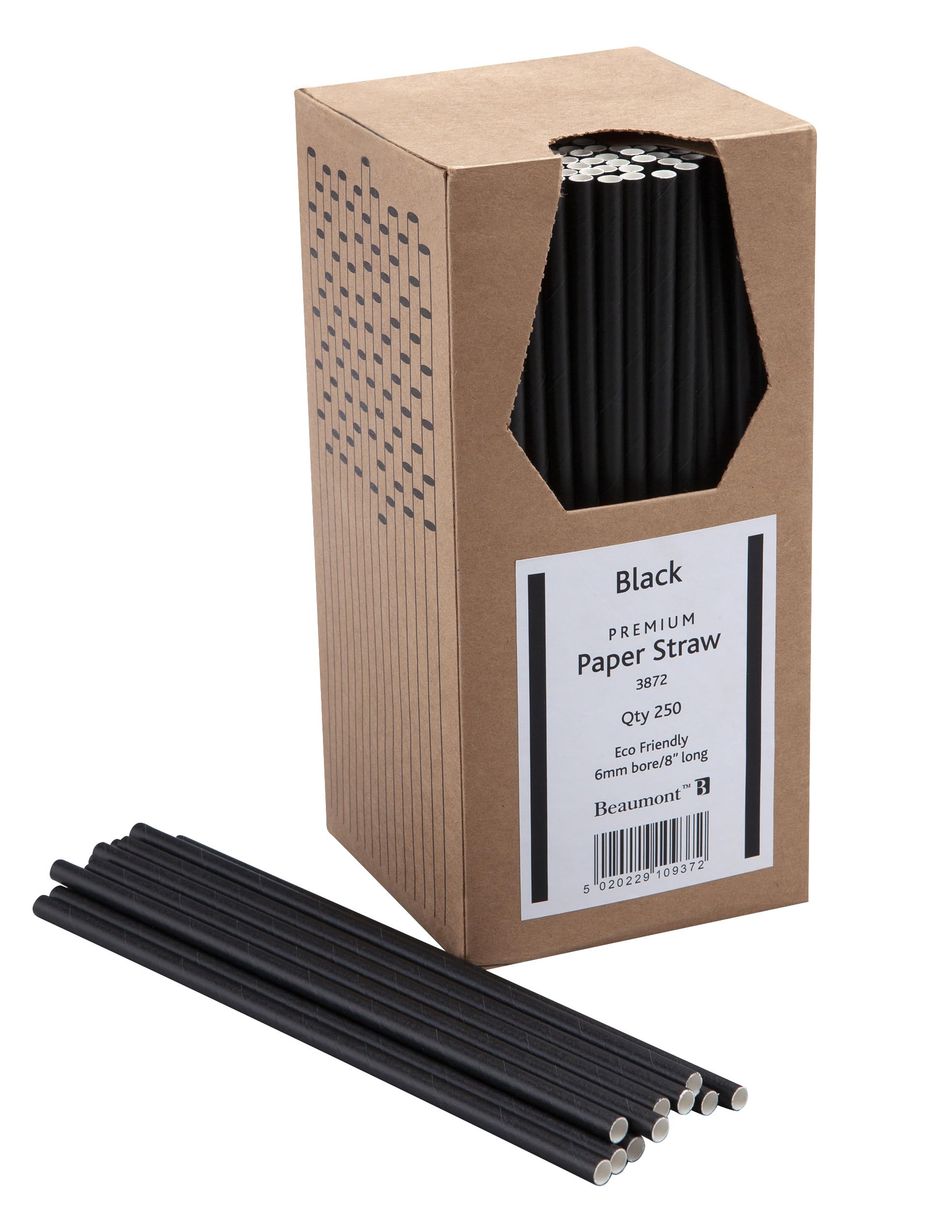 Beaumont 8‑Inch 6mm Bore Paper Straws – Black (Pack of 250) | 100% Biodegradable & Compostable | Wood‑Pulp Eco‑Friendly Disposable Drinking Straws | Stylish Jet‑Black Finish