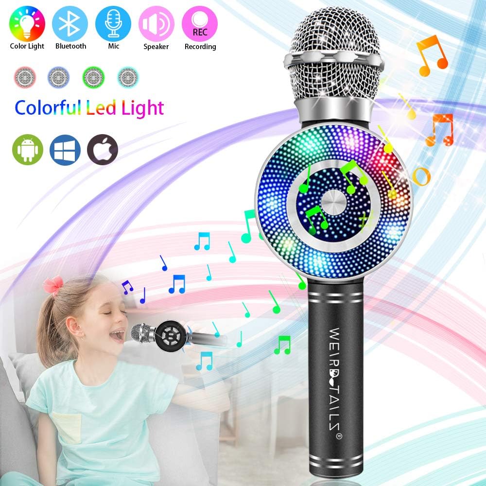 weird tails Wireless Karaoke Microphone, Handheld Bluetooth Microphone with Speaker and Light Echo Mic Portable Karaoke Player for Kid Adult Girl Home Party Singing Birthday Gift (Black)