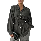 SHENHE Women's Button Down Shirt Long Sleeve Tie Waist Blouse Dressy Business Casual Top