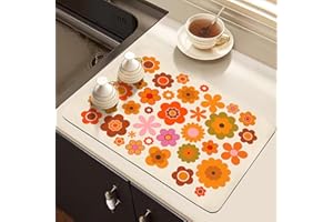 Azppsad Dish Drying Mat for Kitchen Counter, Retro 70s Orange Flowers Design, Washable Absorbent Quick Dry Pad with Rubber Ba