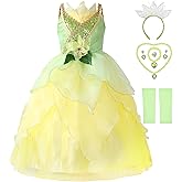 Axaxa Princess Tiana Costume for Girls - Princess and the Frog Dress With Accessories 3-11 Years