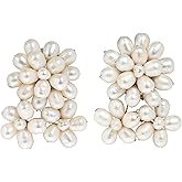 AeraVida Floral Cultured Freshwater White Pearls Clip on Non Piercing Earrings | White Clip on Earrings | Freshwater Beaded Pearl Clip on Earrings | Floral Clip On Earrings for Women