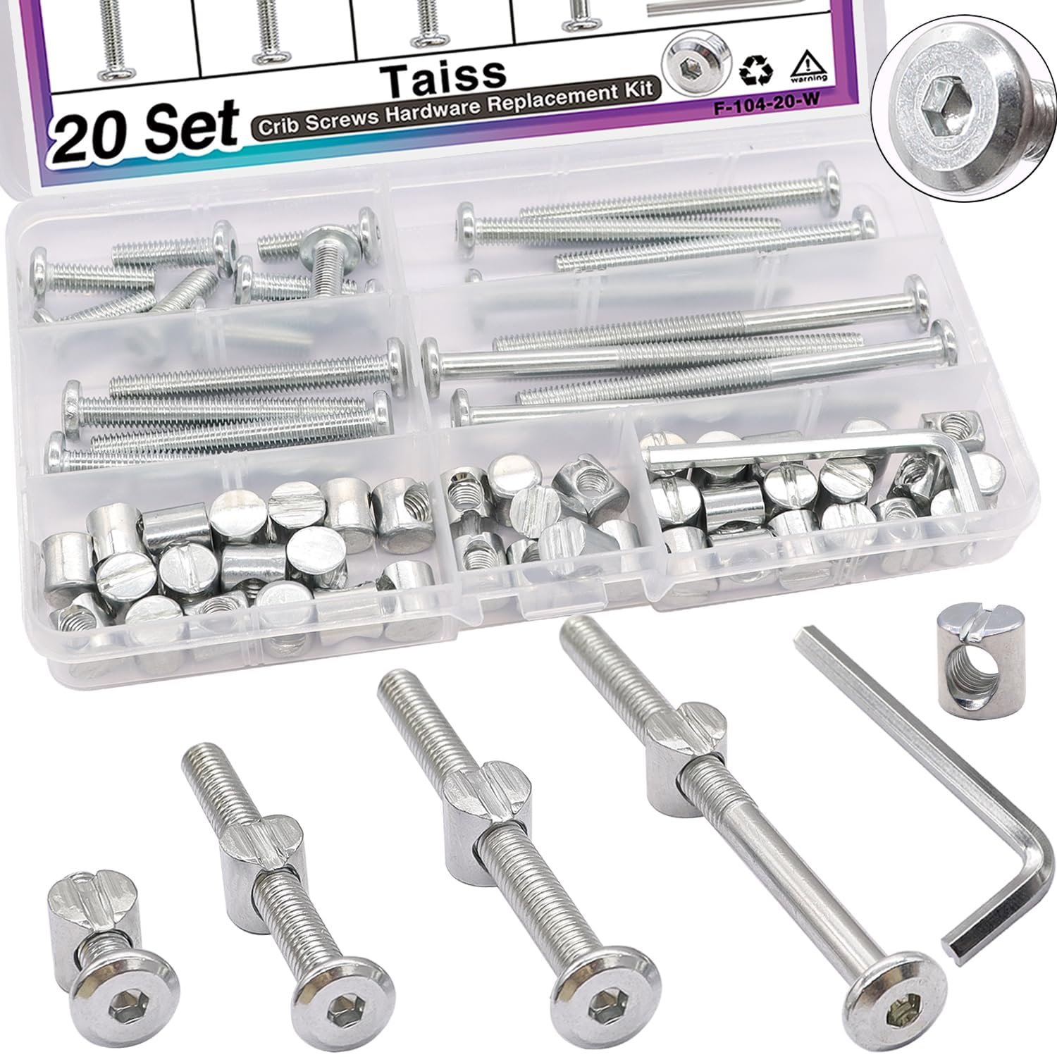 Taiss 20 Set Crib Screws and bolts,M6 furniture barrel set 20/40/60/80mm,Hex Socket m6 screws and barrel nuts/wrenches, m6 Furniture Crib bed bolts Replacement Kit