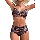 UMIPUBO Women Tummy Control Bikini Set High Waisted Full Coverage Two Piece Swimsuit V Neck Pearl Accents Bathing Suit