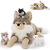 Tezituor 4Pcs Realistic Wolf Stuffed Animals Set, 20 Inch Large Mommy Stuffed Coyote Plush with 3 Baby Wolves Toy for Boys Girls, Soft Wolf Plush Pillow Gift for Christmas Birthday