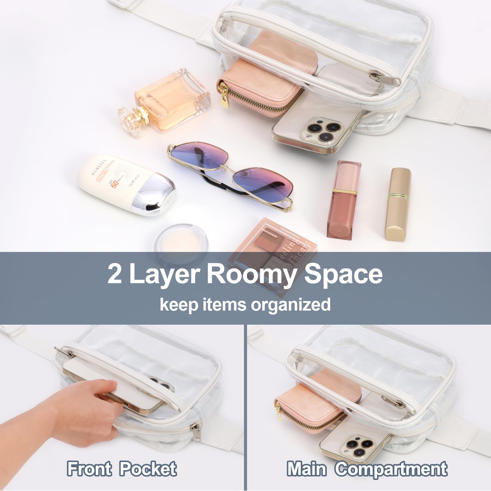 Veckle Clear Fanny Pack Stadium Approved - Clear Bag for Stadium Events Large Belt Bag for Women Transparent Waist Bag Crossbody with Adjustable Strap for Sports Concerts, White