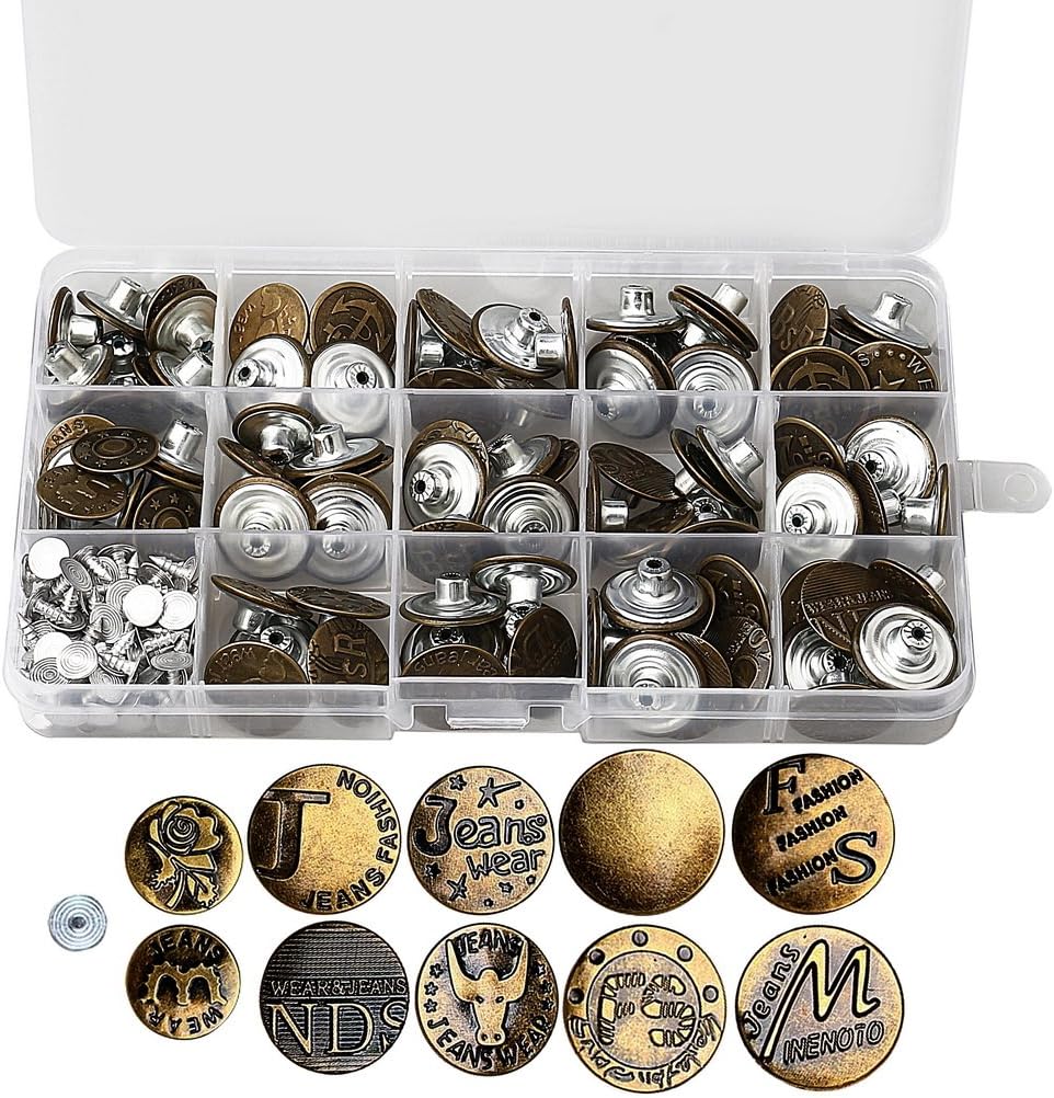 Ruix 100 Sets Jeans Knöpfe, verschiedene Größe Metallknöpfe Ersatz-Kit mit Box