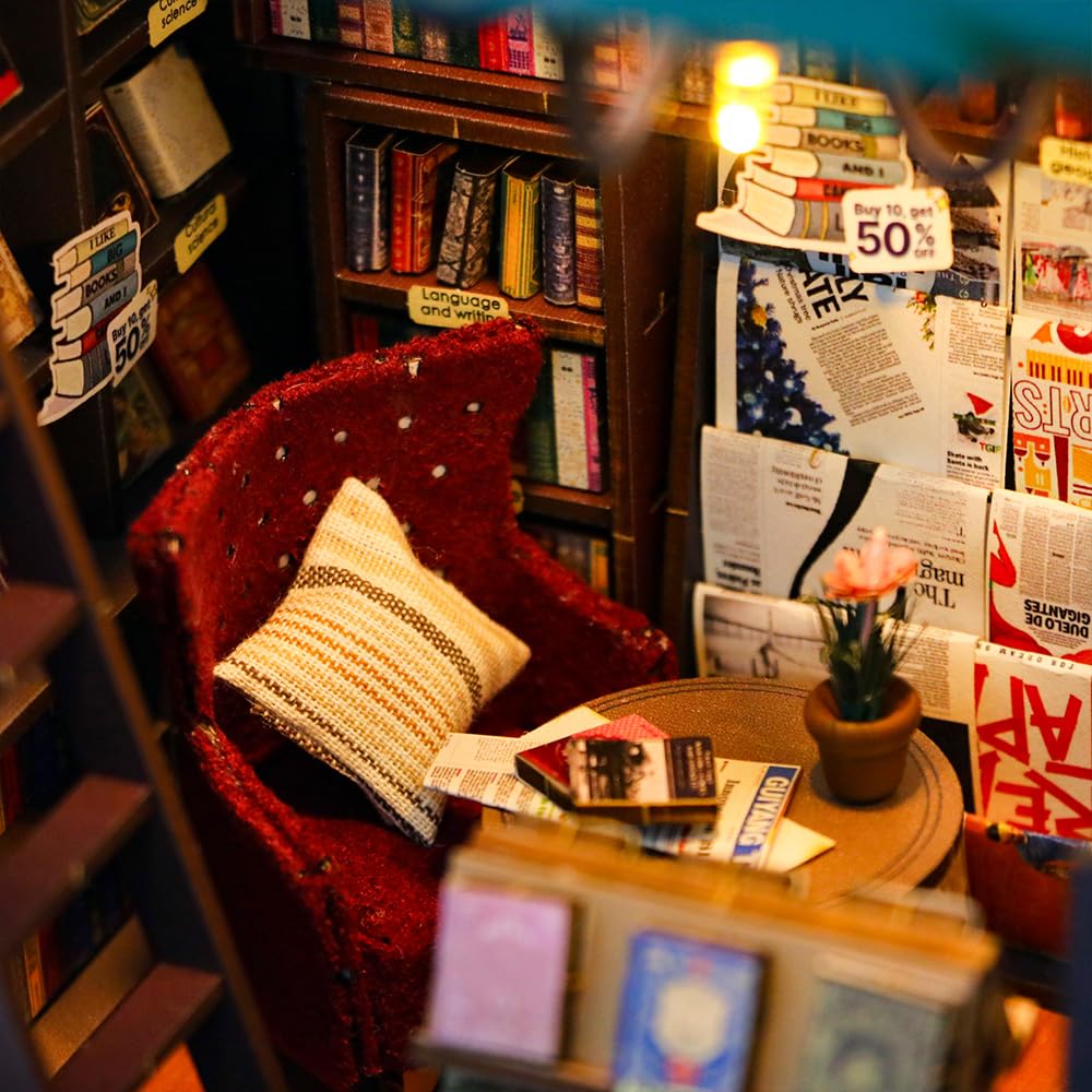 DIY Book Nook Kit, DIY Dollhouse Booknook, 3D Wooden Puzzle Bookends, Book Nook Miniature Kits with LED Light for Adults(M2314)