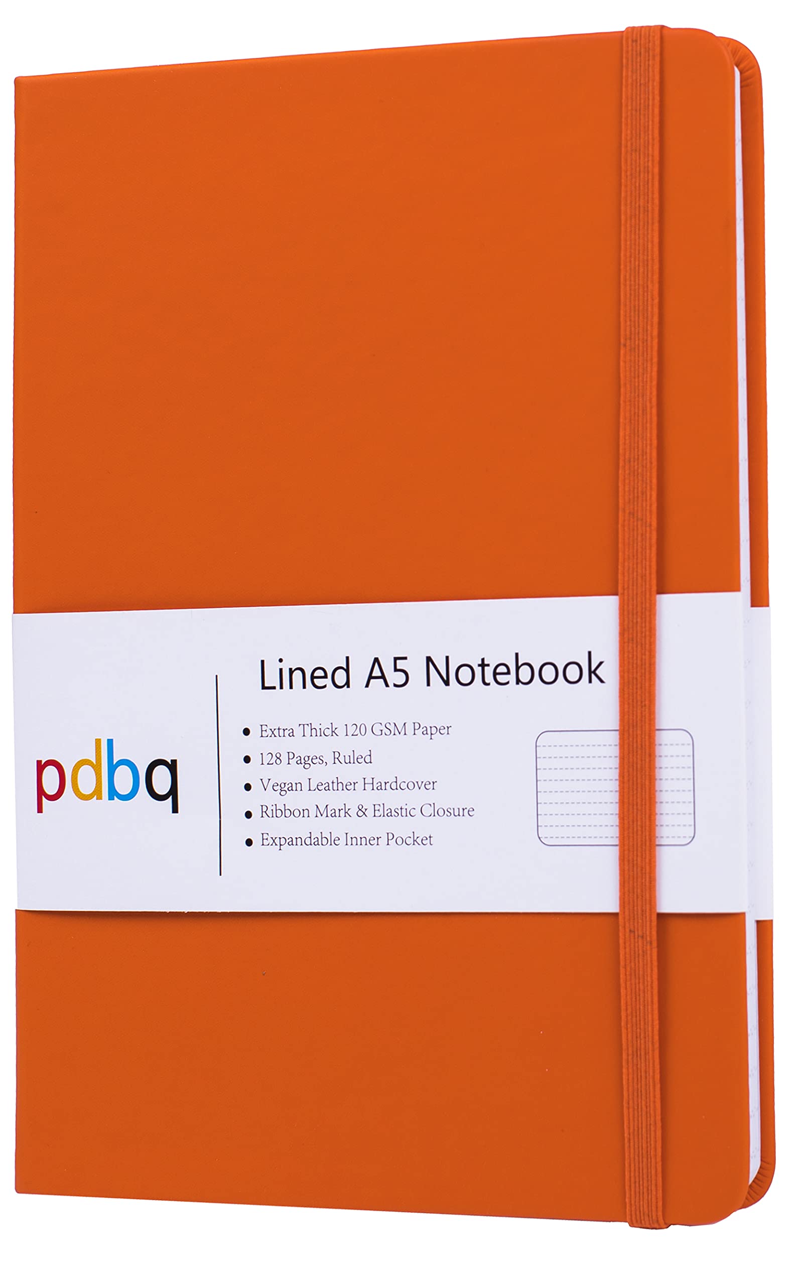 pdbq A5 Notebook Hardback Journal Lined Notebook A5 Inner Pocket Vegan Leather 128 Pages 120gsm Premium Paper with Gift box Bookmark Elastic Closure Ruled Notepad Orange