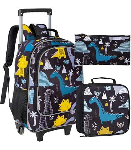 AGSDON 3PCS Kids Rolling Backpack, Boys Roller Wheels Bookbag, Wheeled School Bag with Lunch Bag - Dinosaur