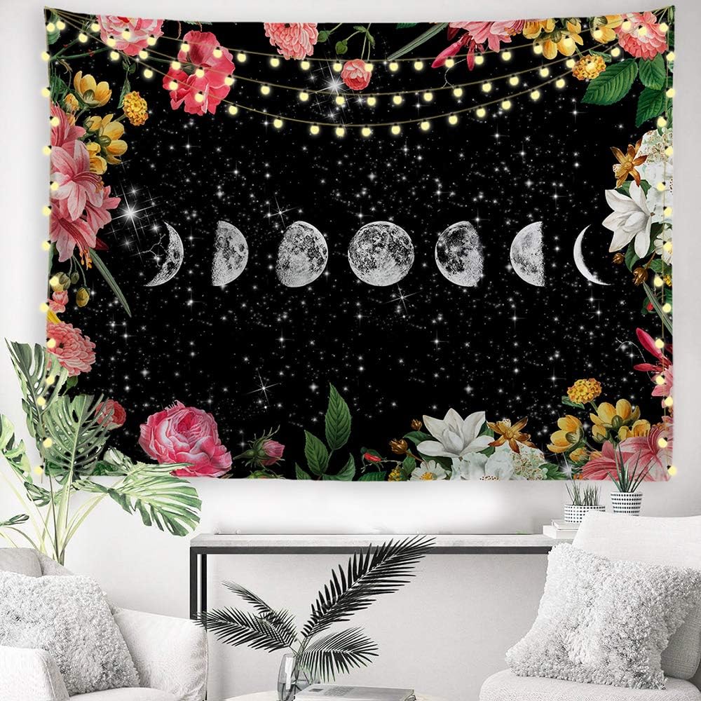 ORTIGIA Moonlit Garden Tapestry Moon Phase Colorful Flower Tapestries Black Background Floral Wall Hanging for Bedroom Living Room Dorm Office Polyester Fabric Needles Included 60"W x 51"L