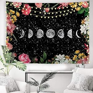 ORTIGIA Moonlit Garden Tapestry Moon Phase Colorful Flower Tapestries Black Background Floral Wall Hanging for Bedroom Living Room Dorm Office Polyester Fabric Needles Included 60"W x 51"L