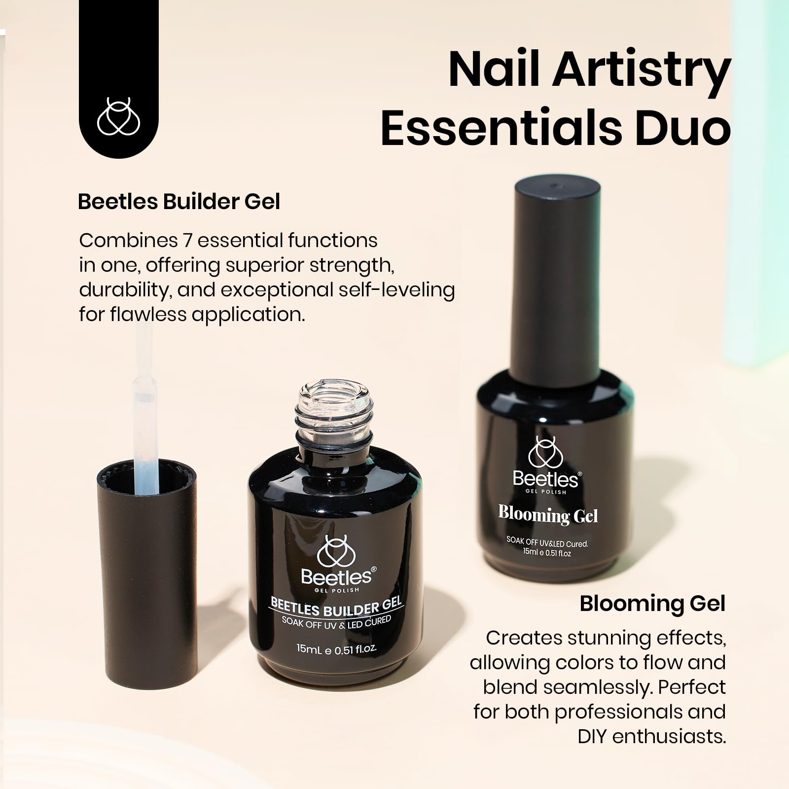 Beetles Builder Gel Nail and Blooming Gel Set- Nail Art Polish for Spreading Effect Marble Stone Builder Extension Nail Gel, Soak Off LED Nail Lamp Gel DIY Manicure Gifts for Women, 2 Pcs 15ml - Image 2