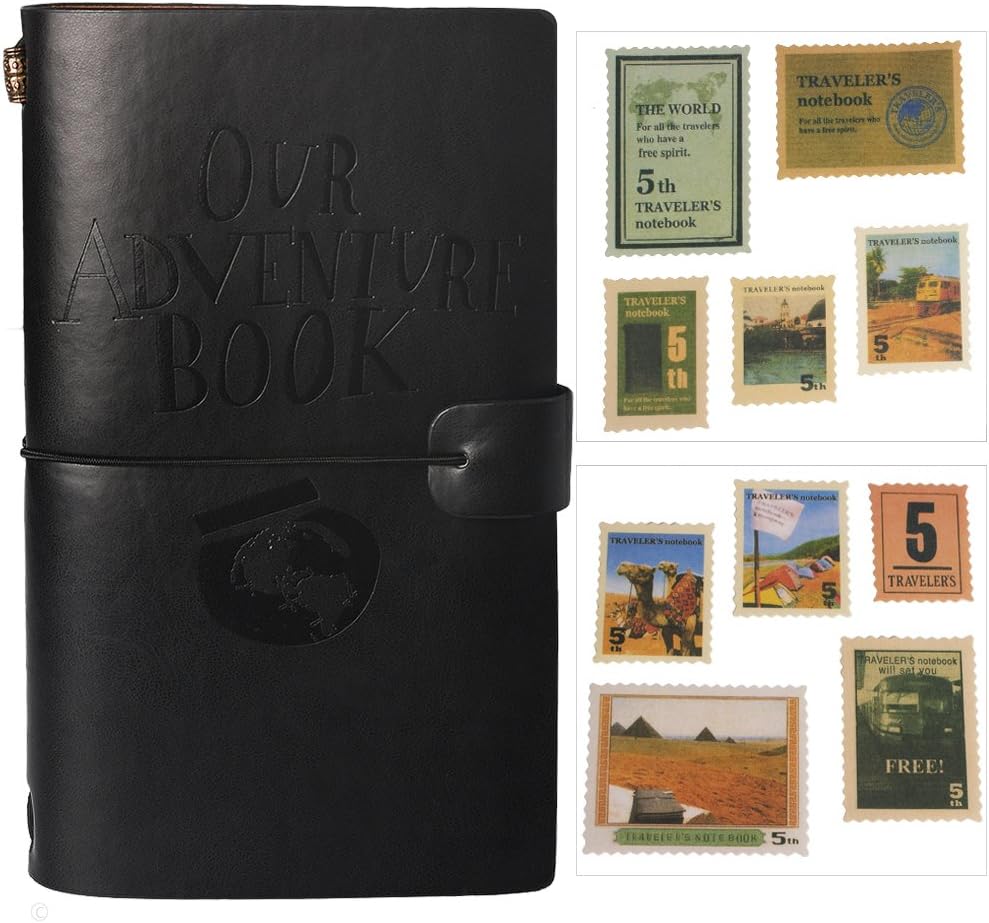 Our Adventure Book Journal Refillable Notebook Leather Notepad Travel Diary Personal Planner with 18 Card Slots and 18 Stamps and 1 Zipper Pocket (Black)