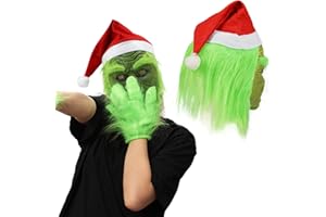 ELOOGOOKIN Adults Green Monster Mask Christmas Santa Elf Costumes Face Masks with Hat Xmas Cosplay Props for Men Women