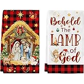 Deskull Christmas Kitchen Towels, Christian Nativity Dish Towels Set of 2, Xmas Jesus Tea Hand Towels for Kitchen, Red Buffalo Plaid Gifts for Winter Holiday Decor Behold The Lamb of God