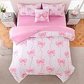 DORCAS Bow Full Size Comforter Set for Girls,6 Pieces Bed in A Bag Pink Bow Bedding Sets with Sheets for Kids