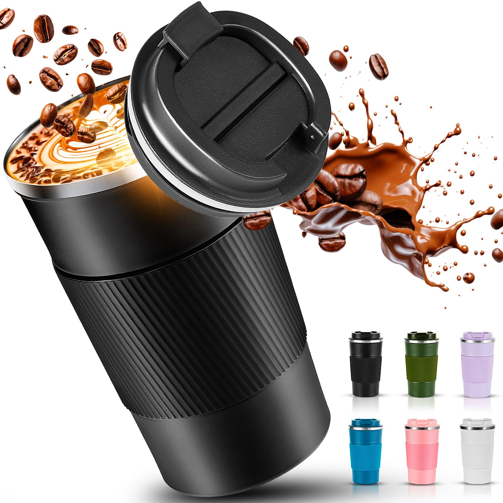 SENBSLAN Travel Mug,510ml Insulated Coffee Cup with Leakproof Lid,Non-Slip Coffee Travel Mugs for Hot Drinks,Double Walled Stainless Steel Thermal Mugs for Hot Cold Drinks (Black)