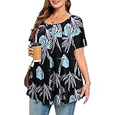 MONNURO Womens Summer Tops Plus Size Tops Short Sleeve Pleated Shirts Swing Blouse Tunic Tops for Curvy Women