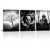 OuElegent Black and White Gothic Wall Art, Small | Spooky Pictures Artwork, Candles Skull Crows Painting Print, For Living Room Home Decor, Framed Ready to Hang