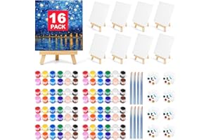 POMAYLOR 16 Pack 8 * 10In Canvas Boards for Painting, Art Canvas for Drawing with 32 Brushes & 16 Paint Trays & 32 Acrylic Paint, Mini Painting Canvas with Easel Set, Painting Kits for Adults & Kids Party
