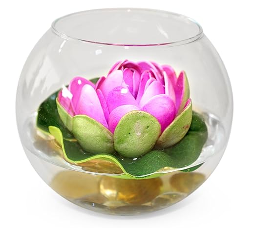 Tied Ribbons Round Glass Vessel with Faux Lotus and Natural Stones (12 cm x 12 cm x 12 cm)