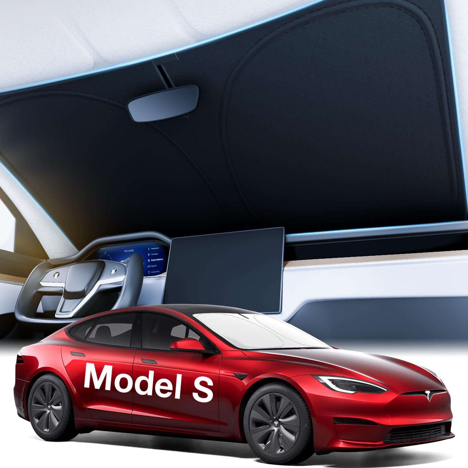 2026 Upgraded Accessories Tesla Model S Windshield Sunshade [Ice Shield Tech Fabric, 100% Sun Blockage], Foldable Heat Insulation Sunshade with Storage Bag, for Tesla Model S 2016~2026, Silver Coating Image