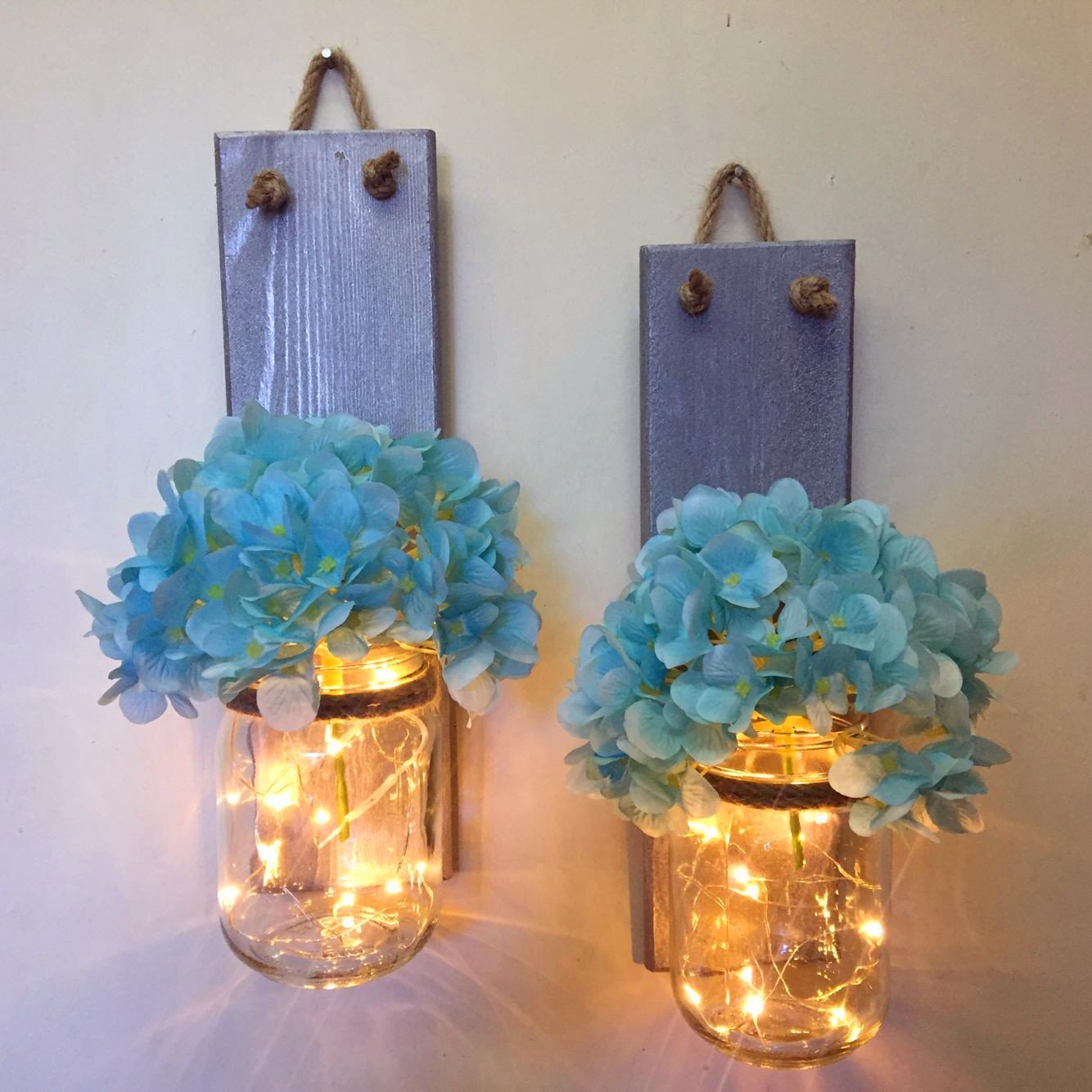 Set of 2 Rustic Mason Jar Wall Sconce with LED and Flowers