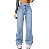 FUNUCA Straight Leg Jeans for Women,High Waisted Wide Leg Loose Microelastic Boyfriend Denim Pants A-Blue