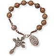 Nazareth Store Wood Beads One Decade Rosary Handmade Pocket Car Mirror with Saint Medal and Jesus Cross in Antique Bronze Wooden Travel Friendly Rosary