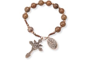 Nazareth Store Wood Beads One Decade Rosary Handmade Pocket Car Mirror with Saint Medal and Jesus Cross in Antique Bronze Wooden Travel Friendly Rosary