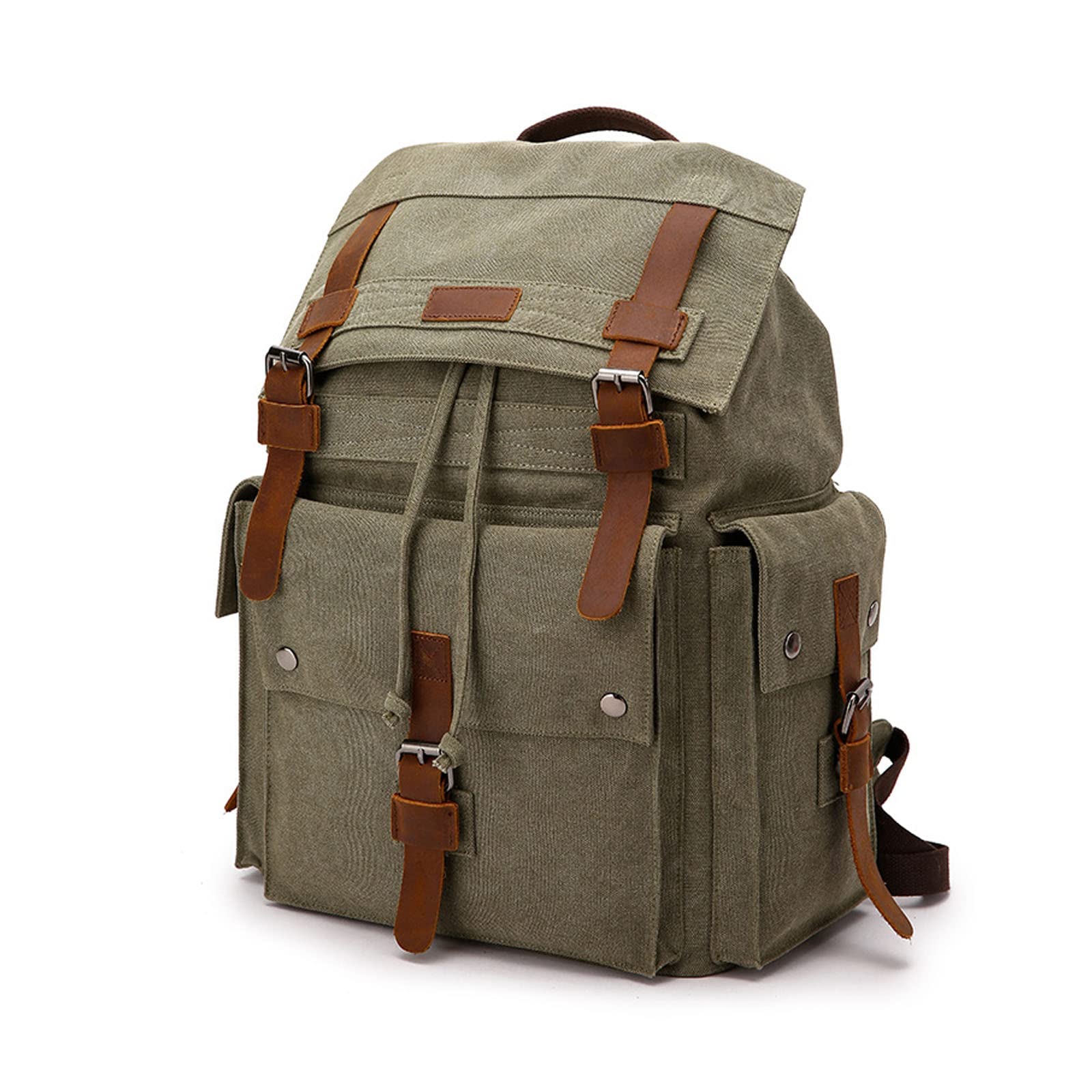 FANDARE Outdoor Backpack Leather-Waxed Canvas Hiking Daypacks Women's Backpack Men Canvas Drawstring Laptop Rucksack Casual Daypacks Multipurpose School Bag College Travel Ladies RucksackGreen