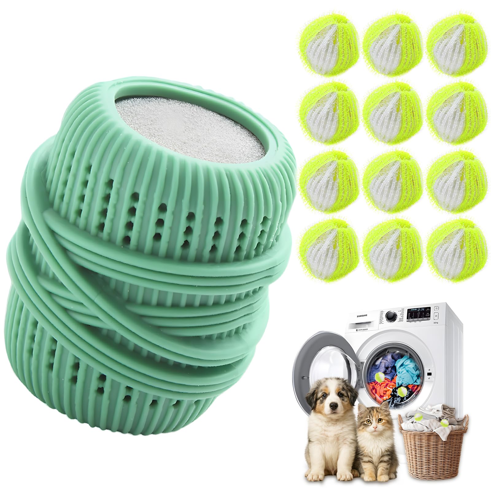 Photo 1 of 12 PCS Pet Hair Remover for Laundry,Reusable Dog & Cat Hair Remover for Laundry Effectively Laundry Pet Hair Catcher for Clothes and Bedding,Suitable for lint Catcher for Washing Machine (12, Green)