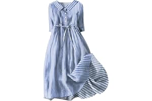 ZWRXW Cotton Linen Dresses for Women 2024 Vintage Short Sleeve Flowy Beach Dress Collar V Neck Button Down Pleated Midi Dress