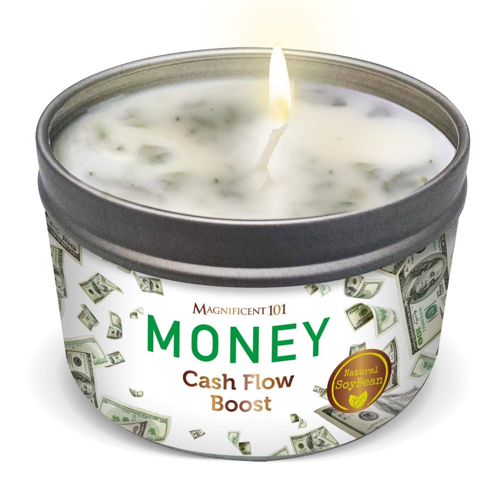 Magnificent 101 Long Lasting Money Aromatherapy Candle | 6 Oz - 35 Hour Burn | All Natural Sage Scented Soy Wax Candle for House Energy Cleansing, Purification & Manifestation | Boost Your Cash Flow