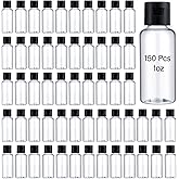 Mimorou 150 Pcs 1oz Travel Bottles Bulk for Toiletries Clear Small Travel Size Bottles Bulk Refillable Empty Containers for Shampoo Lotion Liquid Body Soap Cream Toiletries(Black Cap)