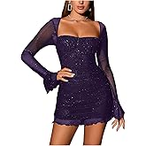 URYIAO Women's Sheer Long Sleeve Sequin Bodycon Mini Dress Sexy Sparkly Ruched Mesh Party Going Out Dresses