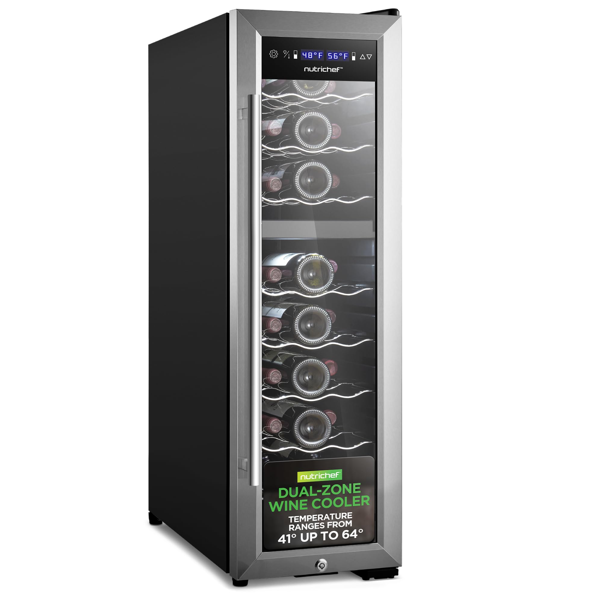 Photo 1 of **DAMAGED, SOLD FOR PARTS** NutriChef 24 Bottle Wine Fridge | Dual Zone Chiller | Adjustable Temperature 41°F to 64°F | Ultra Quiet Operation | Wine Cooler for Home, & Office | FreeStanding 39x11x23 in (Black)