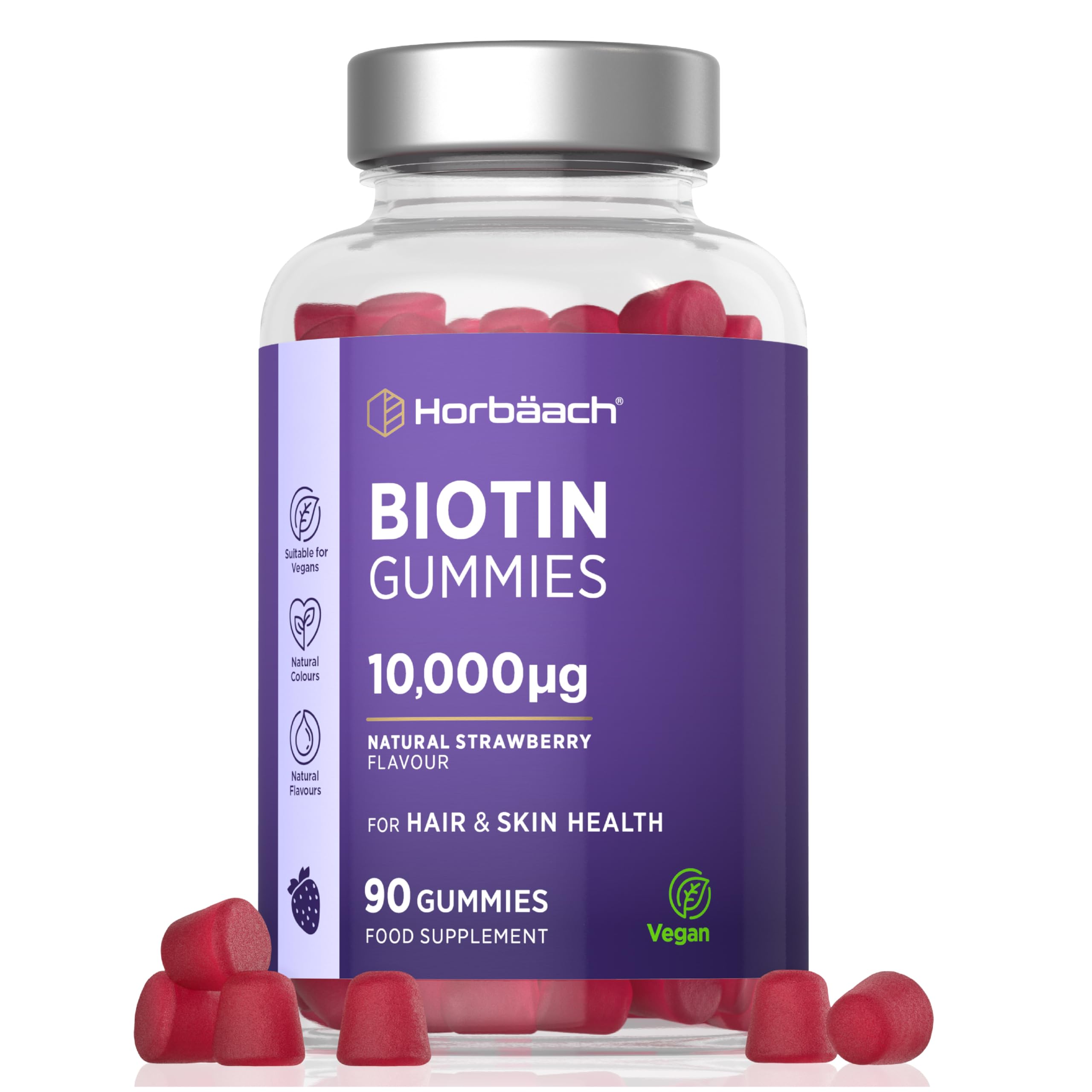 Biotin Hair Growth Gummies 10,000mcg | 90 Count | High Strength Biotin (Vitamin B7) for Hair and Skin Health | Natural Strawberry Flavour | Vegan Supplement | By Horbaach