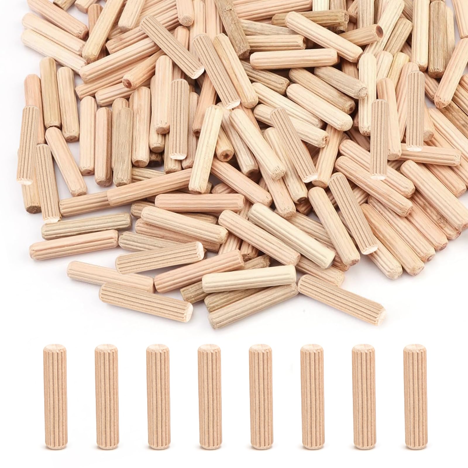 Wooden Dowels 6 x 30mm, 300 Pcs Wooden Dowel Rods Pins for Craft Grooved Fluted Wood Dowels Plugs Pin Rods for Furniture DIY