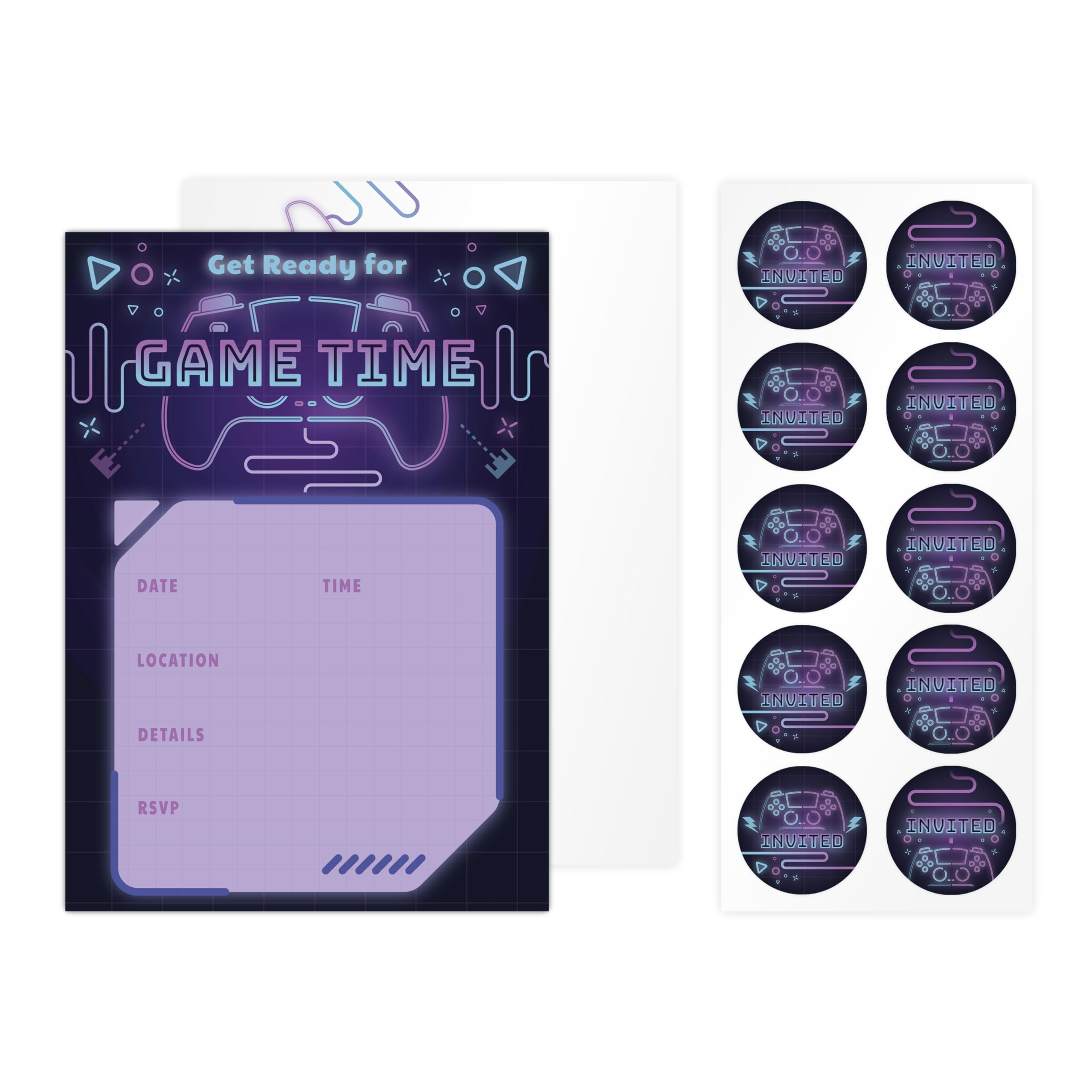 Rileys & Co. 50-Pack Game Party Invitations for Kids – 5 x 7 inches – Premium Quality Cards with Matching Envelopes & Stickers – Level Up Your Party Invites for an Epic Celebration