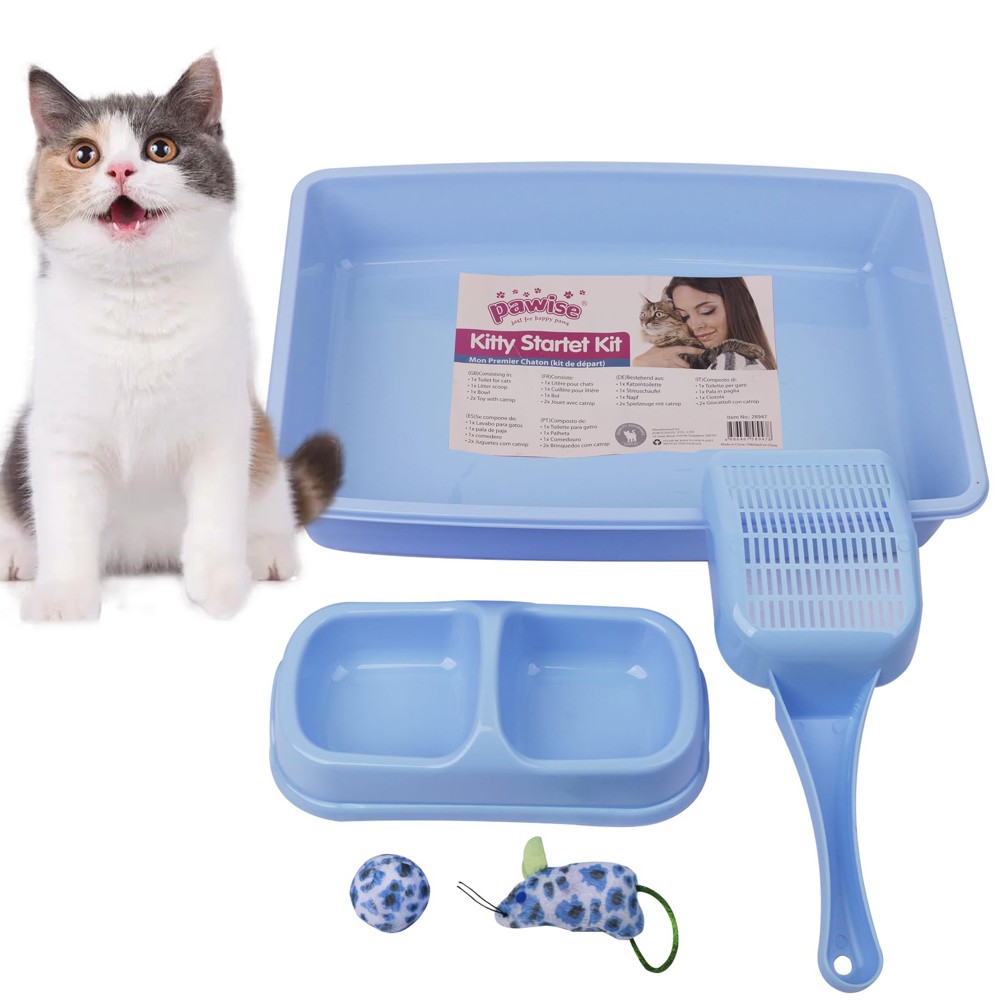 Photo 1 of **MISSING 2 TOYS** PAWISE Small Cat Litter Box for Kitten, Blue Plastic Kitten Litter Box with Cat Scooper,Bowls, Mouse Toy and Ball Toy with Catnip, Low Entry Small Pet Starter Kit, Easy to Clean
