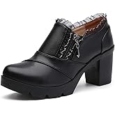 DADAWEN Women's Casual Zipper Lace Platform Mid-Heel Square Toe Oxfords Dress Shoes