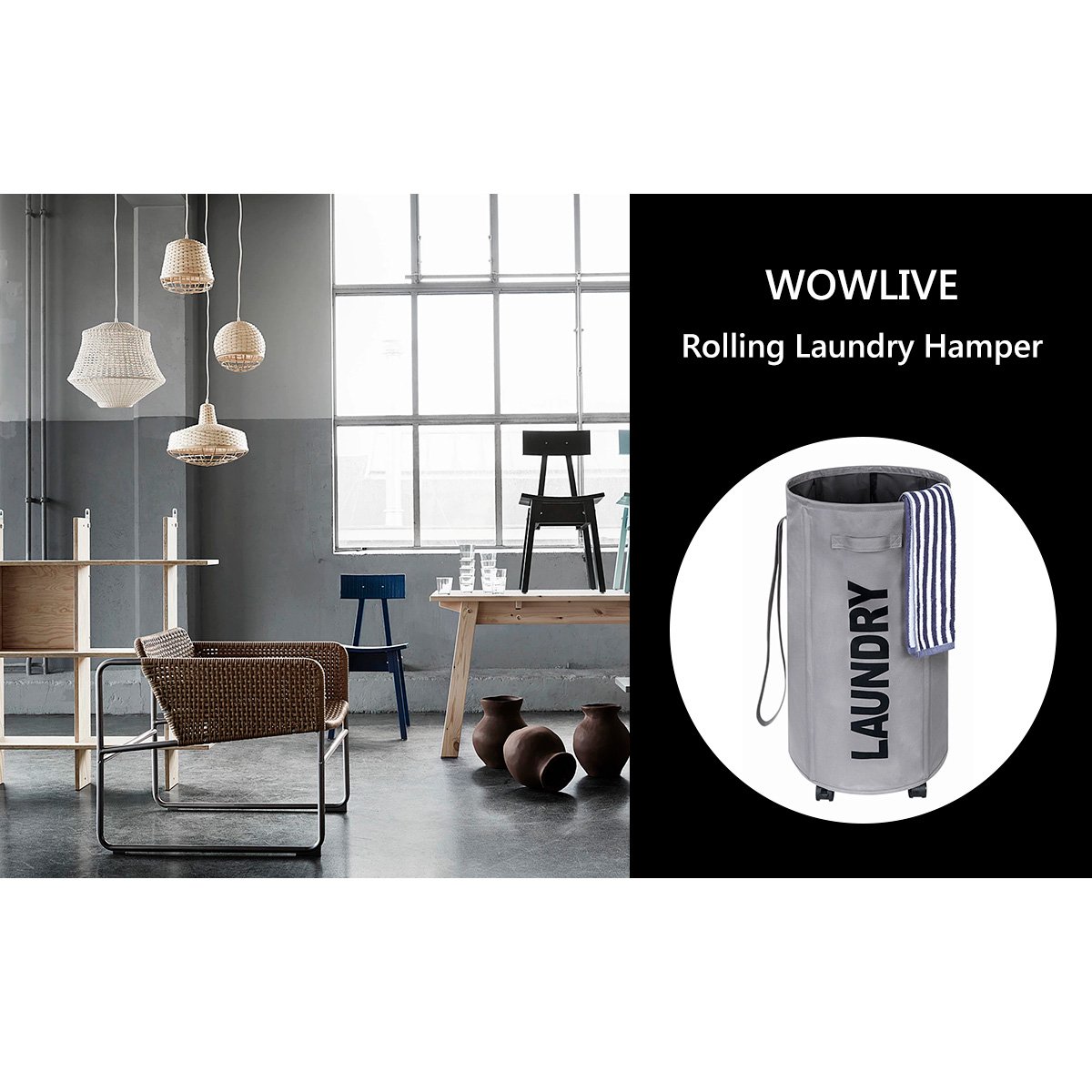 Chrislley Large Laundry Basket on Wheels Tall Round Rolling Laundry Hamper with Belt and Handle Foldable Laundry Bin Collapsible Laundry Collector and Organizer 61.5L (Gray)