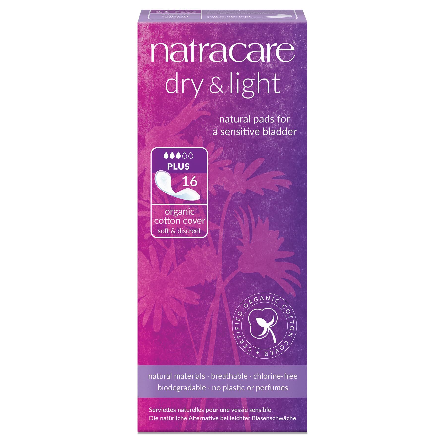 Natracare Dry & Light Natural Incontinence Pads for Light Bladder Weakness, 1 Pack of 16 Pads