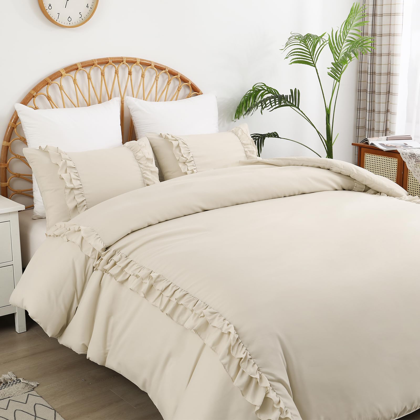 Fondream Ruffle Double Duvet Cover Beige Frills Bedding Set Farmhouse Ruffled Decor Soft Luxury Washed Microfiber with Zipper Closure for Teens and Adults (Beige, 3PCS)