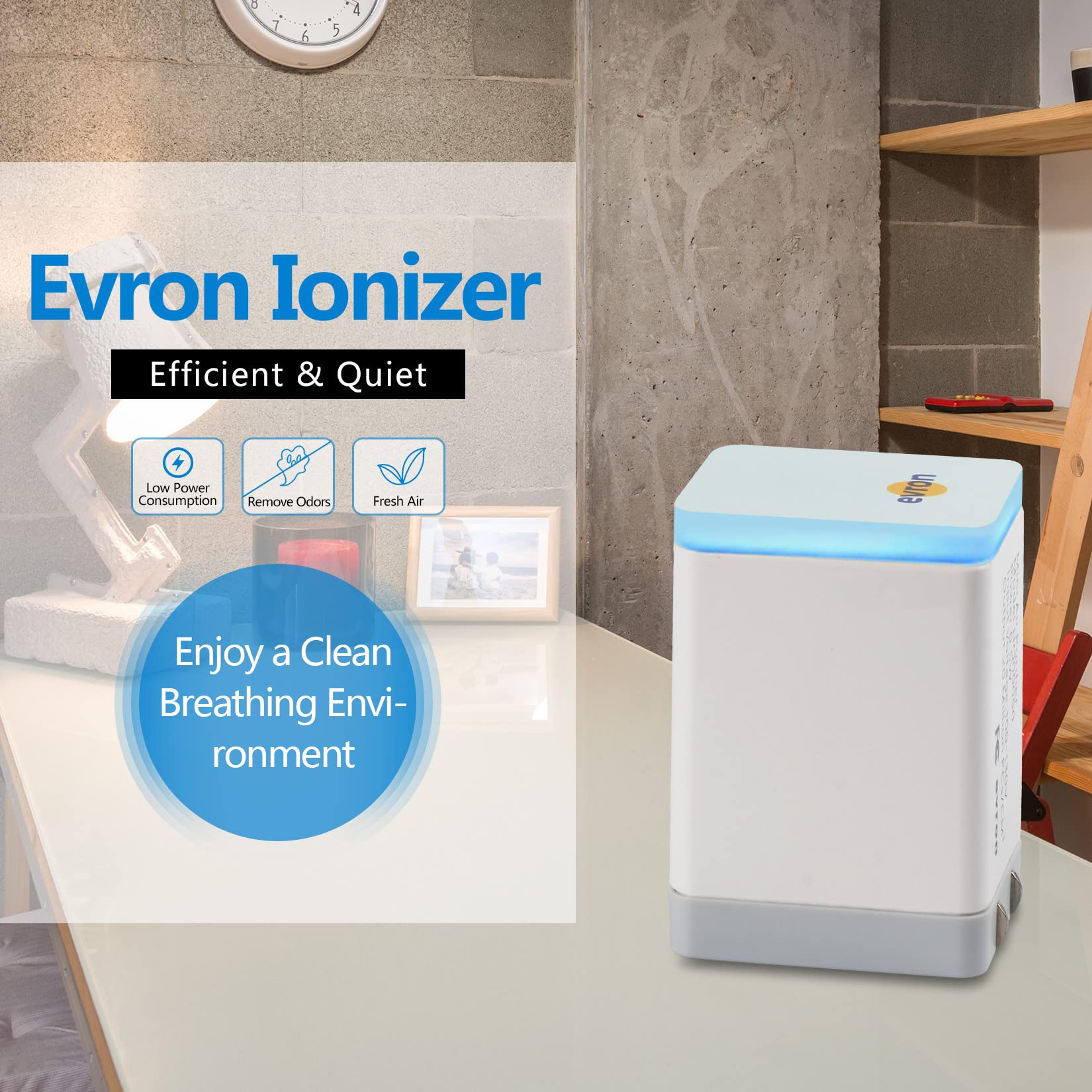 evron Plug-In Air Ionizer for Home & Travel, 20 Million Negative Ions/sec, Compact & Foldable Prongs, No Filter Needed, Quiet Odor Eliminator for Room, Pet, Bathroom, Hotel (Blue light 1 Pack)