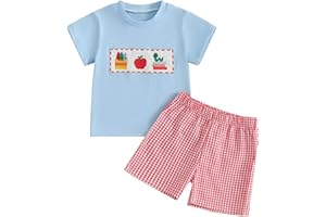 Mobbdow Back to School Toddler Baby Boy Outfit Embroidery T Shirt and Shorts Set First Day of Preschool Kindergarten Clothes