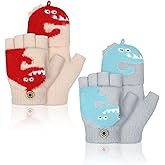 SATINIOR 2 Pairs Winter Kids Fingerless Gloves Dinosaur toddler Finger Mittens Knit Convertible Half Finger Mitten Flap Aged 3-10